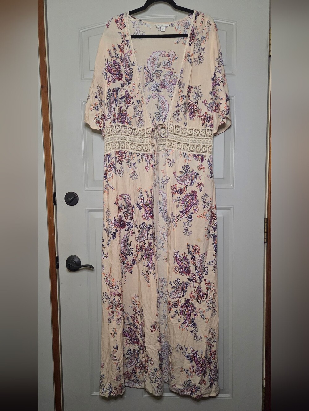 Bohemian Cream Floral Maxi Dress with Crochet Waist